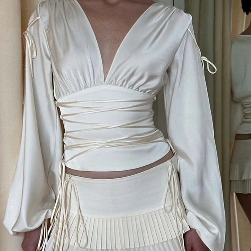 Load image into Gallery viewer, Lace-up Long Sleeve Sexy T-shirt Women Tops White Bandage Deep V Neck Ruched Slim Tees Ladies Fashion Solid Tops
