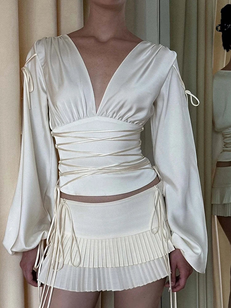 Lace-up Long Sleeve Sexy T-shirt Women Tops White Bandage Deep V Neck Ruched Slim Tees Ladies Fashion Solid Tops