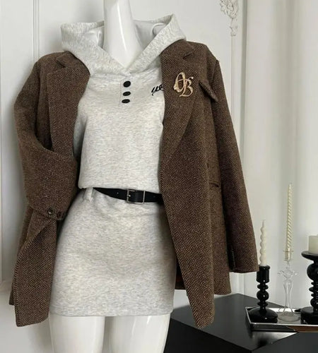 Autumn Winter Vintage Korean Fashion Brown Double Breasted Festival Blazer Coat Women Long Sleeve Elegant Work Jackets 2024 Chic