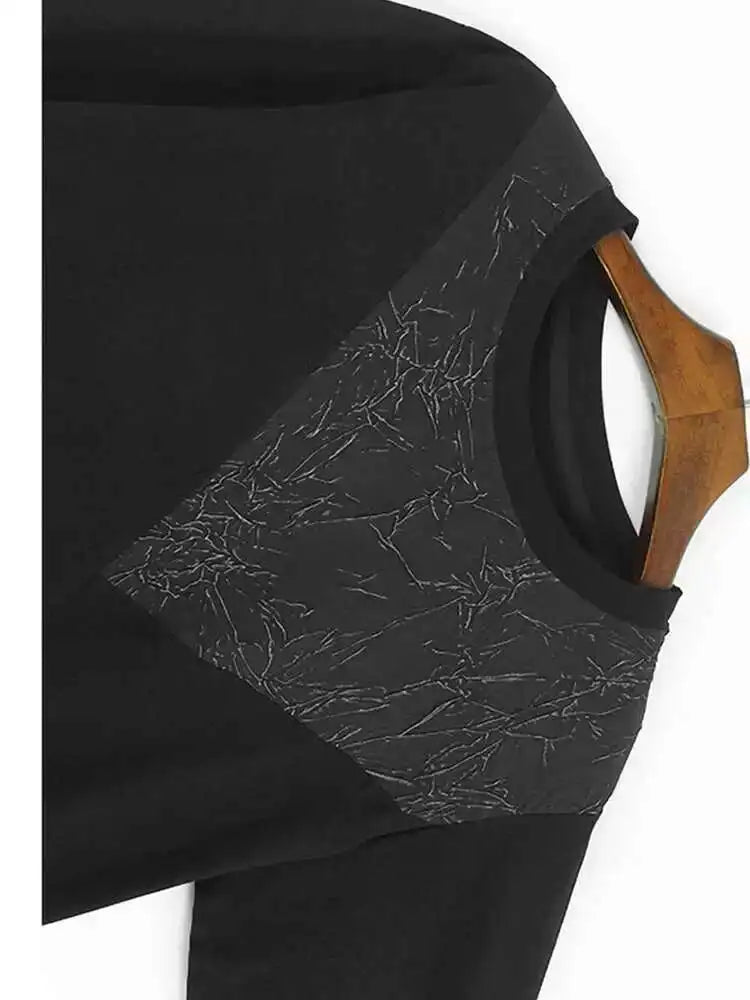 Women Black Irregular Wrinkled Big Size T-shirt New Round Neck Long Sleeve Fashion Tide Spring Autumn 2025 1DH6907