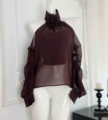 Autumn Brown Flower Elegant Festival Long Sleeve Halter Blouse Women Pullovers Shirt Ladies Off Shoulder Pleated Shirt Fashion