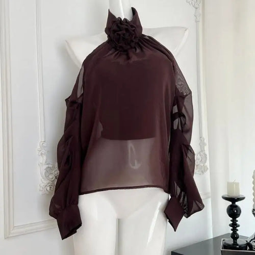 Load image into Gallery viewer, Autumn Brown Flower Elegant Festival Long Sleeve Halter Blouse Women Pullovers Shirt Ladies Off Shoulder Pleated Shirt Fashion
