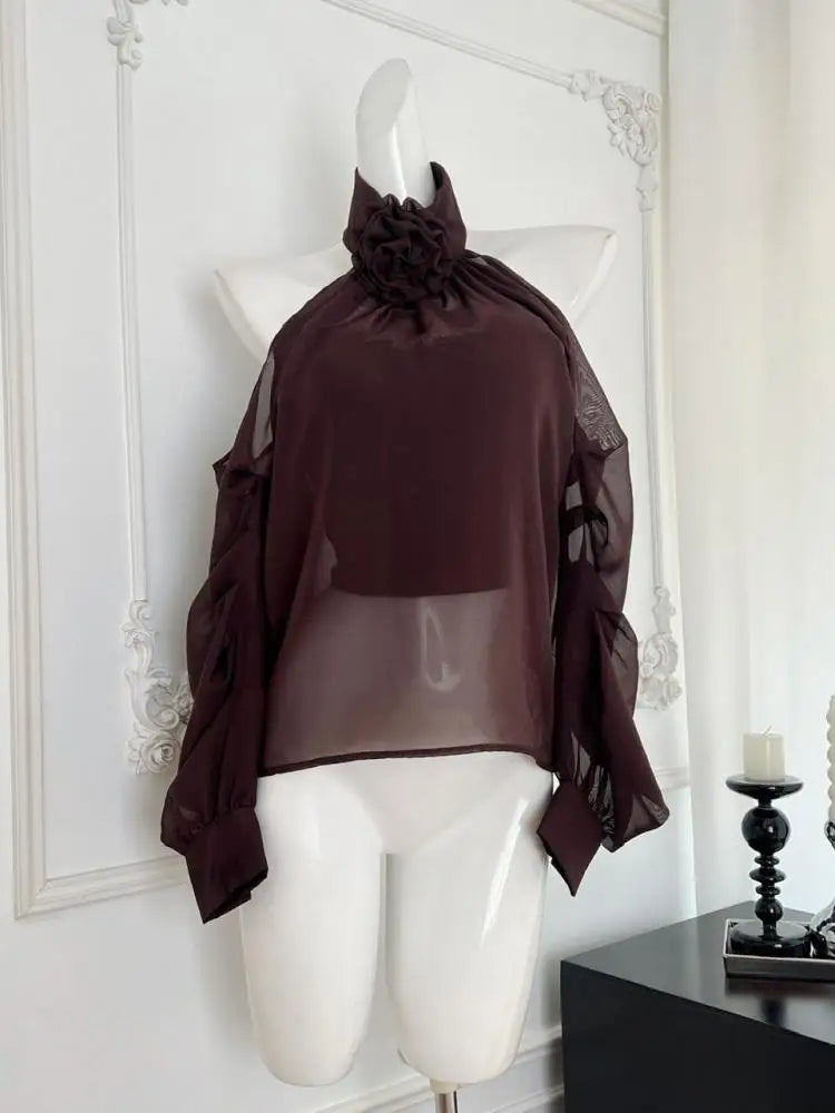 Autumn Brown Flower Elegant Festival Long Sleeve Halter Blouse Women Pullovers Shirt Ladies Off Shoulder Pleated Shirt Fashion