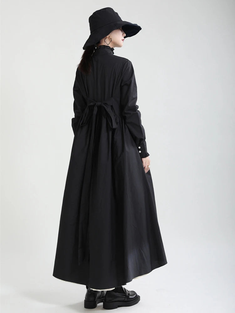 Women Black Layers Irregular Long Elegant Dress New Stand Collar Long Sleeve Fashion Tide Spring Autumn 2025 1DH9894