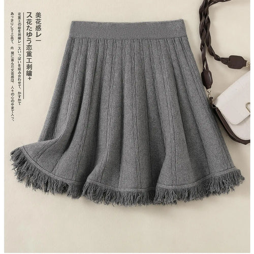 Load image into Gallery viewer, Korean Fashion Autumn Winter Women Solid Tassels Holiday Knitted Short Skirt Vintage High Waist A-line Pleated Half Skirts 2024
