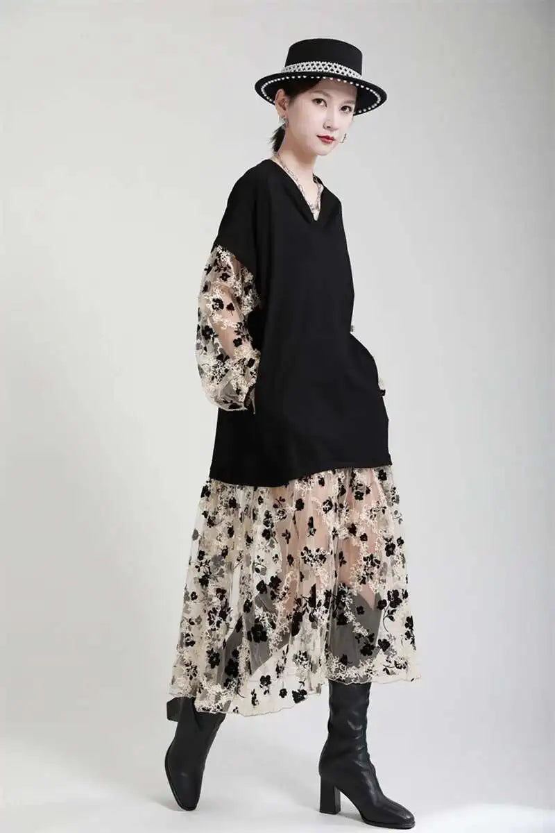 Women Pattern Printed Perspective Big Size Dress New V-Neck Long Sleeve Loose Fit Fashion Tide Spring Autumn 2025 1DE3176