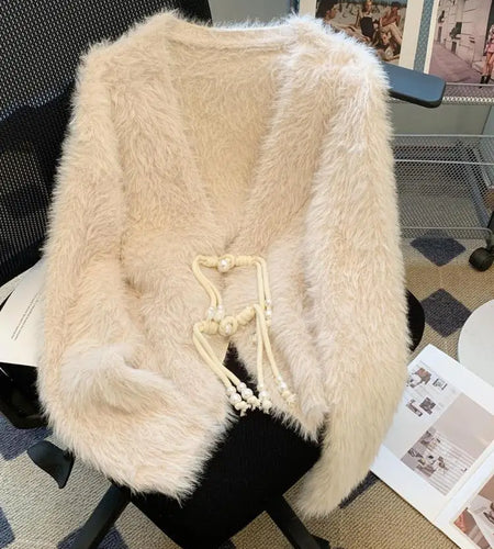 Autumn Winter Chinese Style White V Neck Elegant Knitted Cardigan Tops Women Beige Single Breasted Long Sleeve Mink Sweater Chic