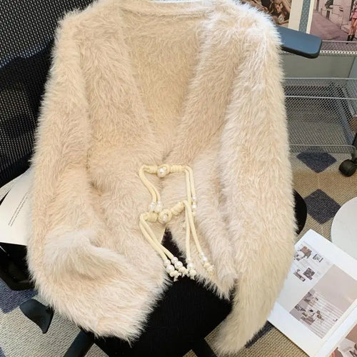 Load image into Gallery viewer, Autumn Winter Chinese Style White V Neck Elegant Knitted Cardigan Tops Women Beige Single Breasted Long Sleeve Mink Sweater Chic
