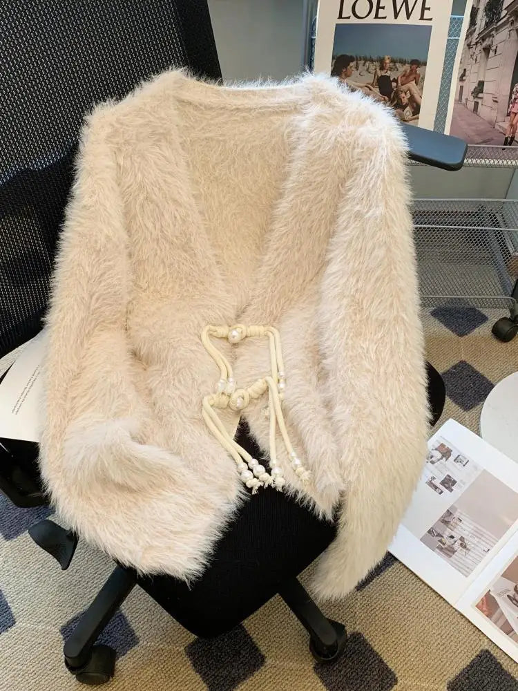 Autumn Winter Chinese Style White V Neck Elegant Knitted Cardigan Tops Women Beige Single Breasted Long Sleeve Mink Sweater Chic