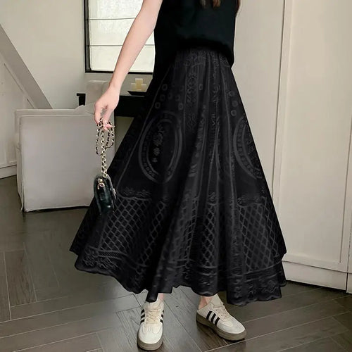 Load image into Gallery viewer, Spring Summer French Fashion Vintage Black White Lace Slim Holiday Long Skirt Women Beige High Waist Elegant Party Pleated Skirt

