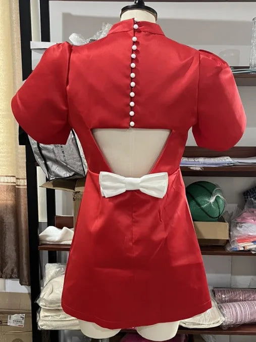 Elegant Short Sleeved Satin Slim Fit Backless  Hollow Out Bow Mini Dress For Women's Fashionable Street Party Clothing