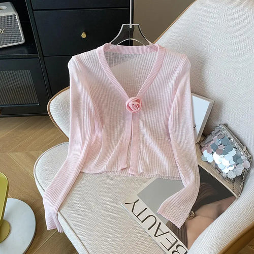 Load image into Gallery viewer, 2025 Sping Summer New Women Solid Fashion V-neck Flower Decoration Long Sleeve Cardigan Knitted Tops Sun Protection Clothes Chic
