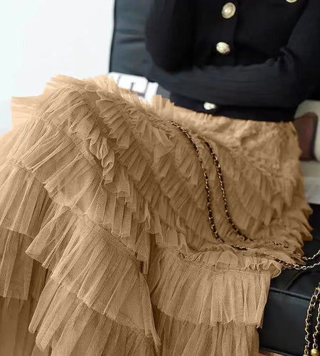 Solid Mesh Cake Skirts Women Elegant Cascading Ruffles A Line Long Skirt Female Casual Elastic Waist Party Princess Skirt French