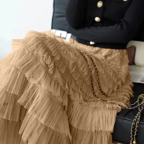 Load image into Gallery viewer, Solid Mesh Cake Skirts Women Elegant Cascading Ruffles A Line Long Skirt Female Casual Elastic Waist Party Princess Skirt French
