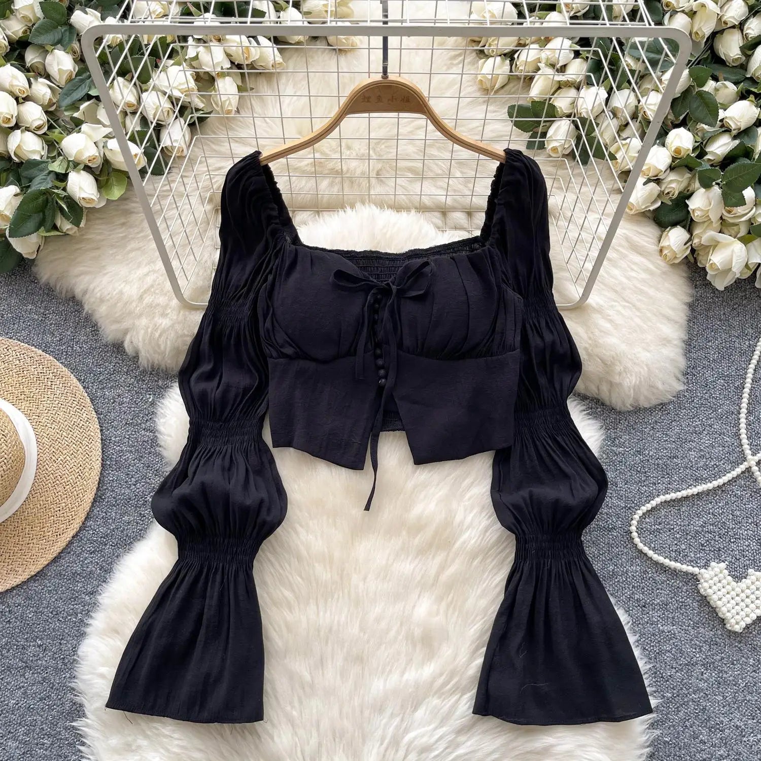 Autumn French Solid Ruffle Edge Lace-up Shirt Women Long Sleeves Square Neck Slim Short Tops Versatile Button Pleated Blouse New