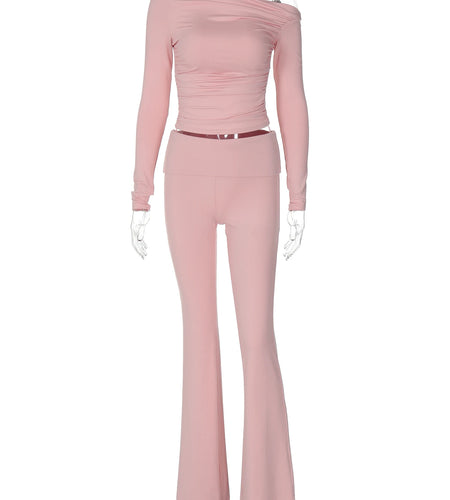 Fashion 2 Pcs Co Ord Sets Skew Collar Long Sleeve Solid Sexy T-Shirt Flare Pants Women Fall Clothes Streetwear Festival