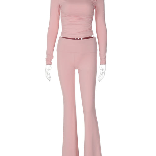 Load image into Gallery viewer, Fashion 2 Pcs Co Ord Sets Skew Collar Long Sleeve Solid Sexy T-Shirt Flare Pants Women Fall Clothes Streetwear Festival
