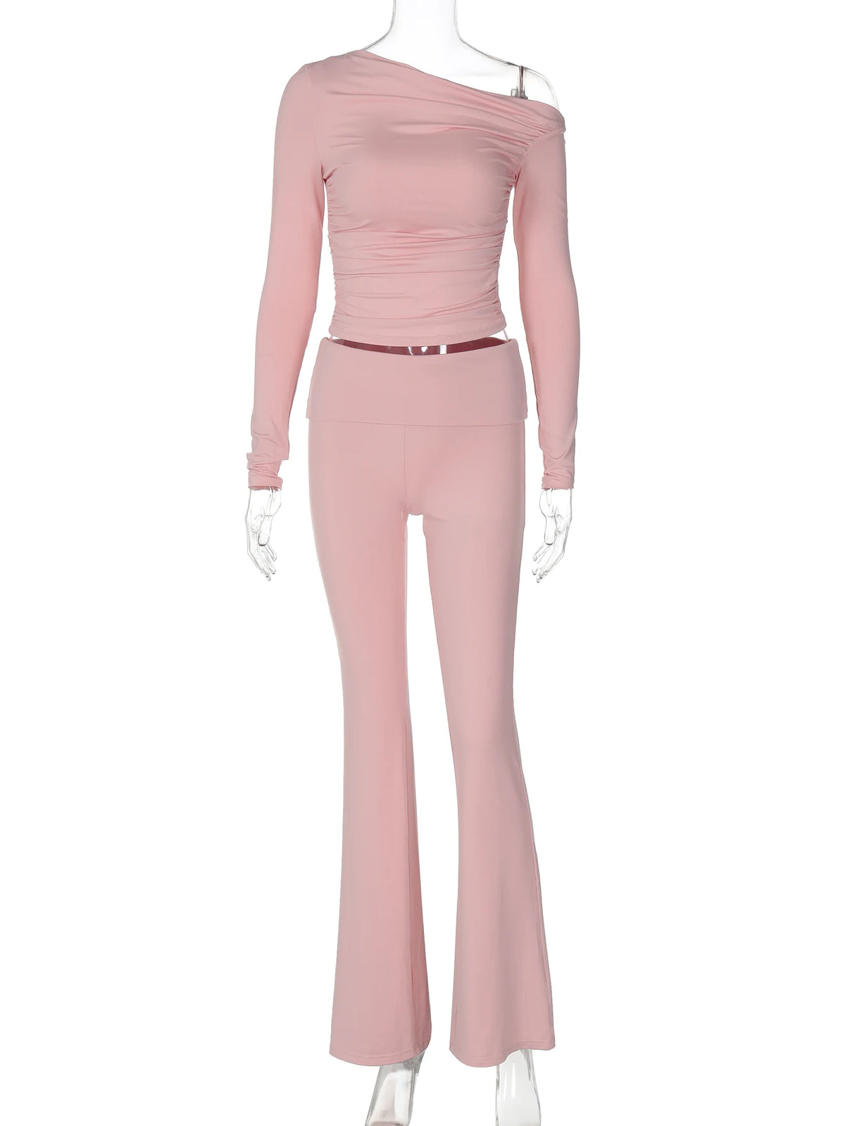 Fashion 2 Pcs Co Ord Sets Skew Collar Long Sleeve Solid Sexy T-Shirt Flare Pants Women Fall Clothes Streetwear Festival