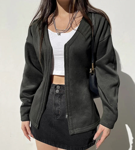 Casual Fleece Autumn Winter Jacket Women Solid Zip Up Coat V Neck Streetwear Basic Outwear Korean Jackets Long Sleeve