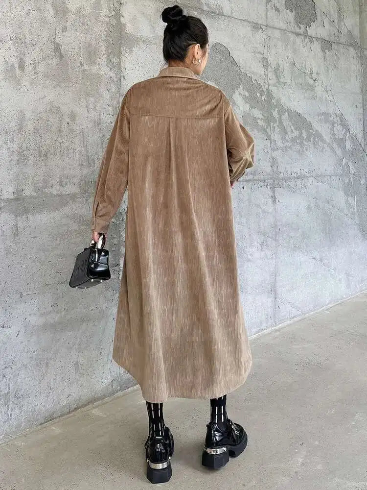 Women Khaki Drawstring Irregular Big Size Elegant Midi Dress New Long Sleeve Fashion Tide Spring Autumn 2025 1DH7270