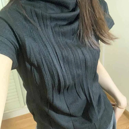 Load image into Gallery viewer, Y2k Aesthetic Half High Collar Vintage Tees Streetwear Casual Solid Fairy Pleated Tshirts Women Harajuku Grunge Slim Fit Tops
