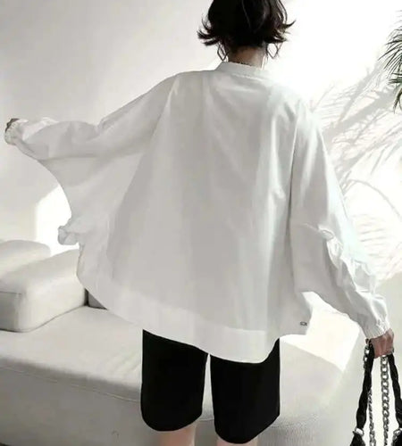 Women White Big Irregular Casual Blouse New Stand Collar Long Sleeve Loose Shirt Fashion Tide Spring Autumn 2025 1DH4418