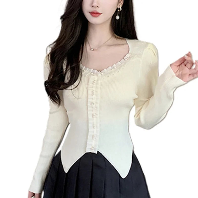 y2k Tops Women Coquette Clothing Solid Color V Neck Long Sleeve Knitted T Shirts 2000s Fairycore Clothes Streetwear