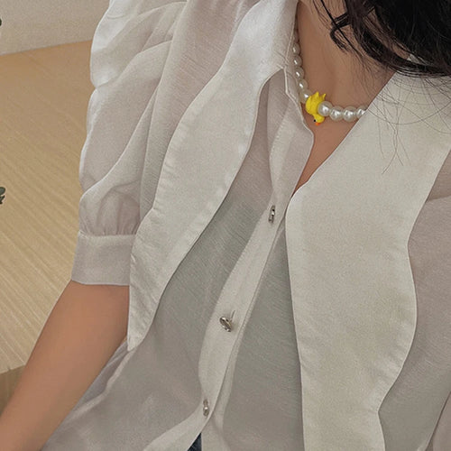 Load image into Gallery viewer, Casual Solid Blouses For Women Point Collar Short Puff Sleeve Button Through Shirts Female Spring Fashion Clothing
