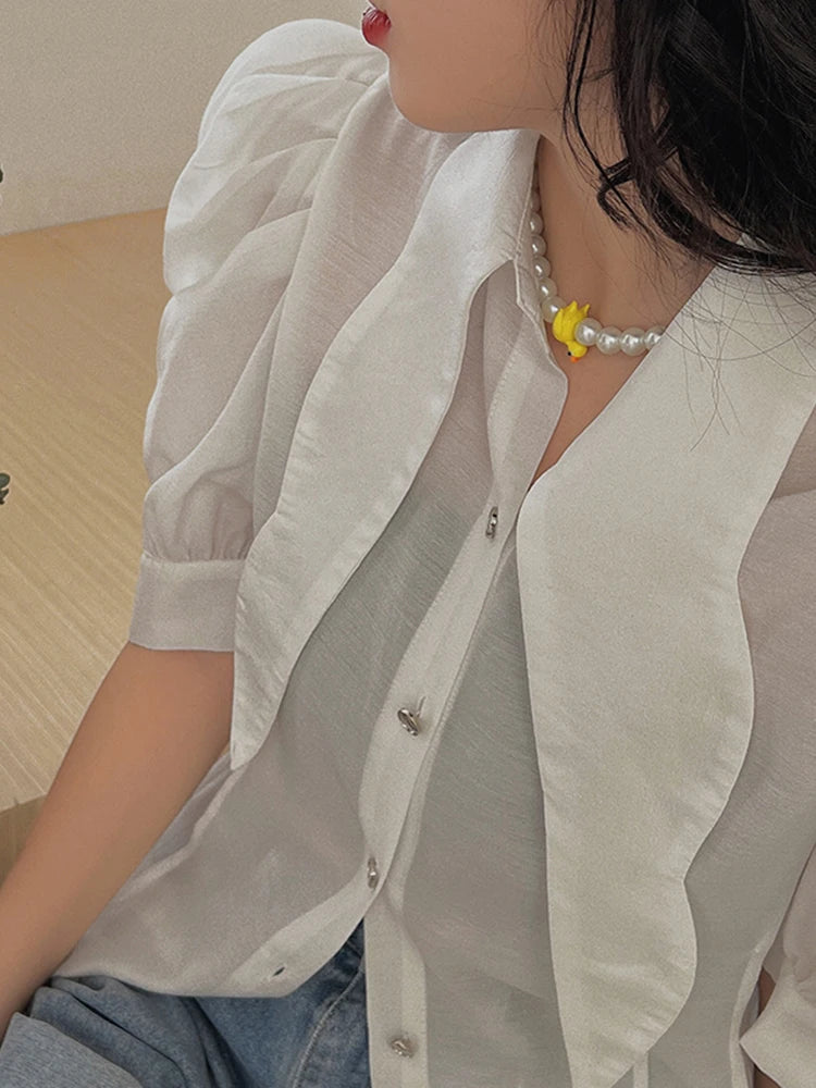 Casual Solid Blouses For Women Point Collar Short Puff Sleeve Button Through Shirts Female Spring Fashion Clothing