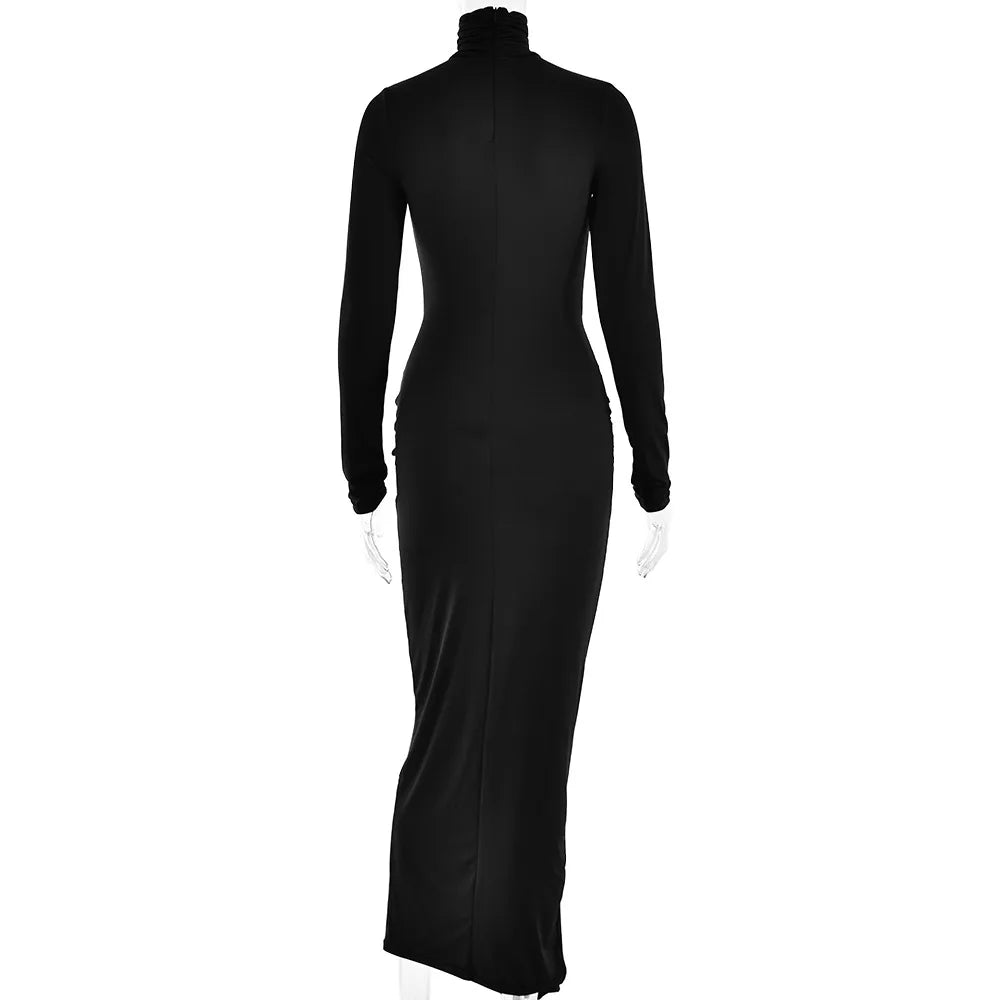Turtleneck Long Sleeve Maxi Dress For Women Fashion Irregular Bodycon Long Dress Femme Temperament Evening Dress