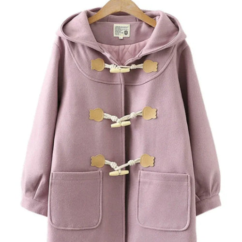 Load image into Gallery viewer, Purple Solid Warm Wool Blends Long Hooded Coat Straight Women Horn Button  Casual Female Warmness Outwear
