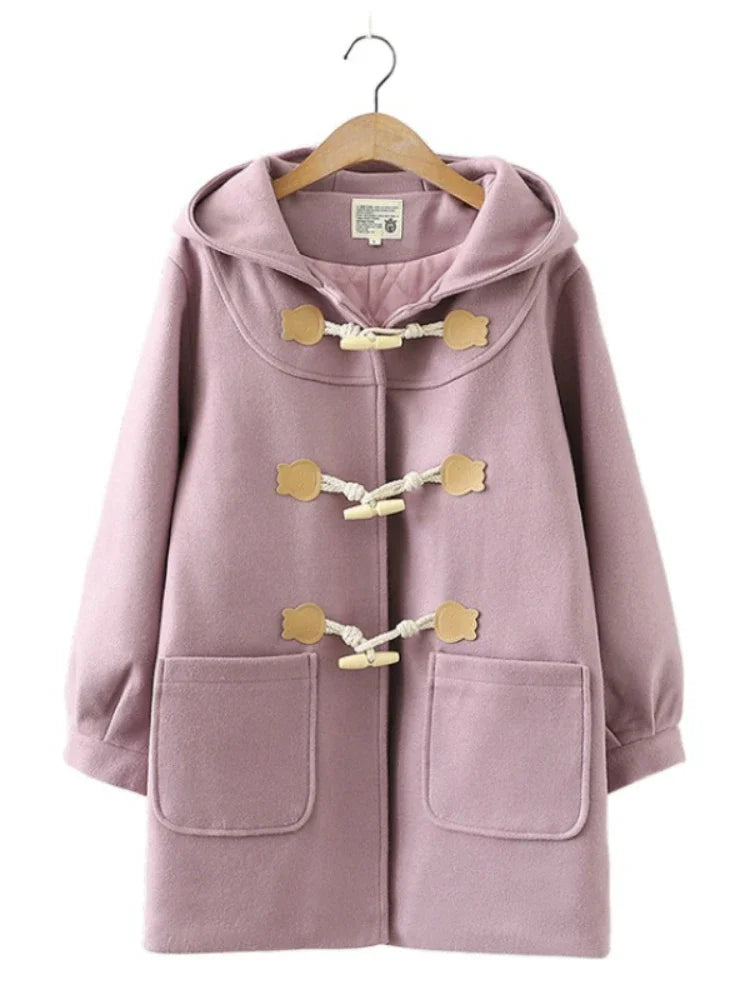 Purple Solid Warm Wool Blends Long Hooded Coat Straight Women Horn Button  Casual Female Warmness Outwear