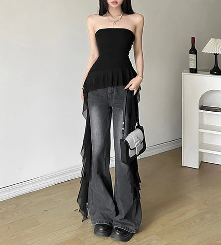 y2k Strapless Top Women Summer Solid Color Off Shoulder Sleeveless Asymmetrical Ruffle Hem Bandeau Vest Streetwear