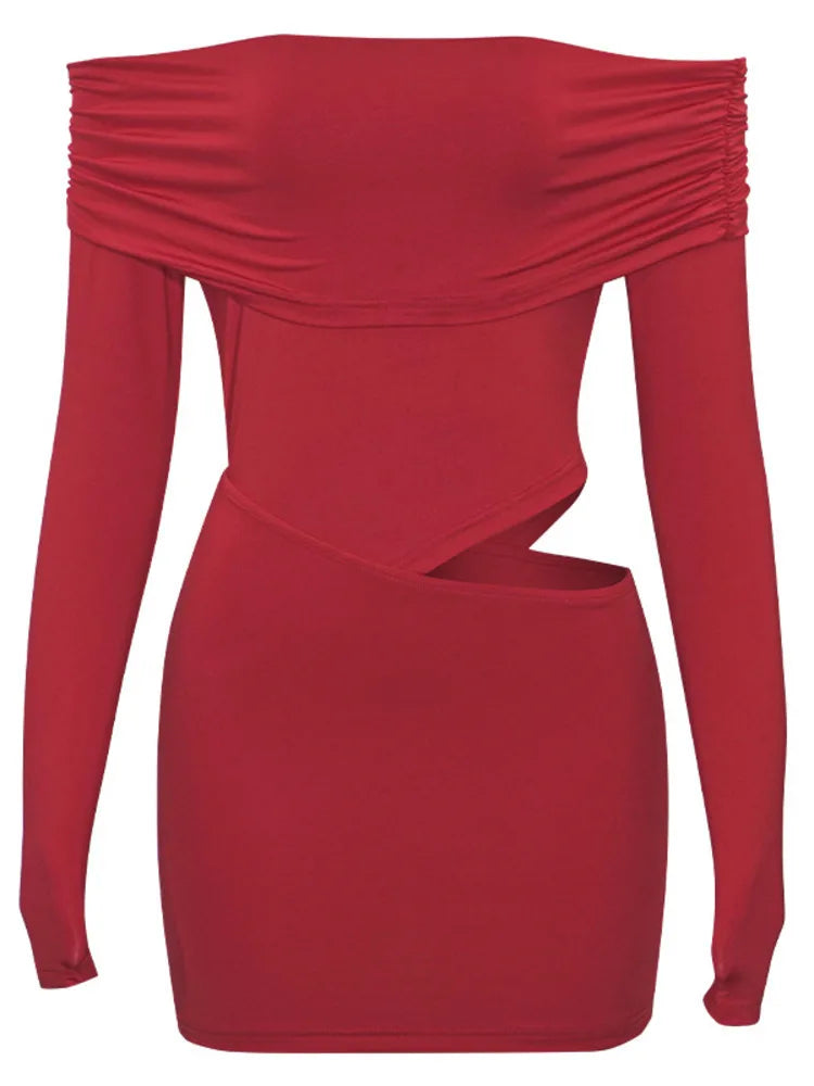 Sexy One Shoulder Long Sleeved Hollow Out Tight Skirt Women Spring 2025 Dress Slim Party Club Vestido Holiday Beachwear