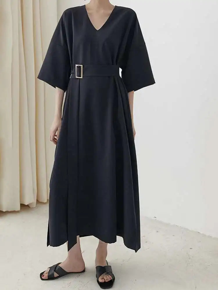 Women Black Brief Belted Elegant Big Size Dress New V-Neck Three-quarter Sleeve Fashion Tide Spring Autumn 2025 1DH6206