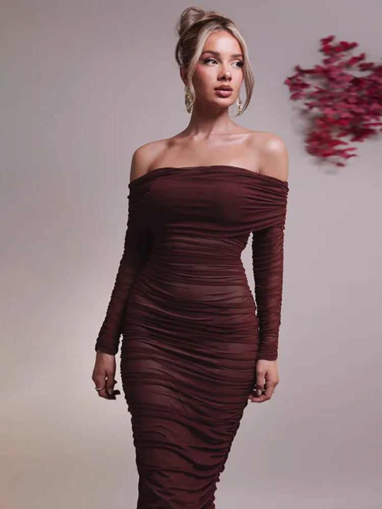 Off-shoulder Long Sleeve Sexy Maxi Dress For Women Autumn New Strapless Backless Bodycon Ruched Party Long Dress