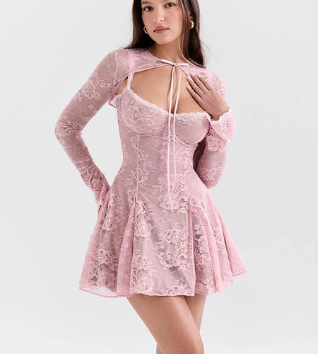 Lace Flare Long Sleeve Sexy Mini Dress For Women Robe Autumn New Pink O Neck A-line High Waist Pleated Dress Elegant