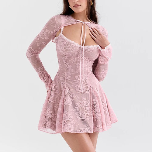 Load image into Gallery viewer, Lace Flare Long Sleeve Sexy Mini Dress For Women Robe Autumn New Pink O Neck A-line High Waist Pleated Dress Elegant
