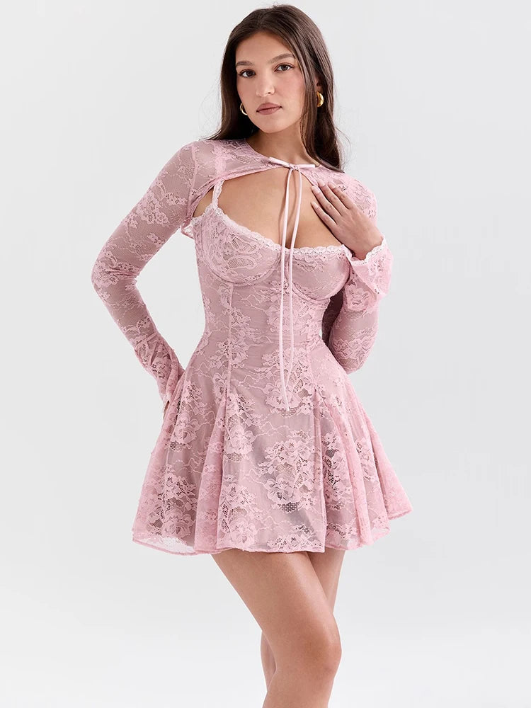 Lace Flare Long Sleeve Sexy Mini Dress For Women Robe Autumn New Pink O Neck A-line High Waist Pleated Dress Elegant