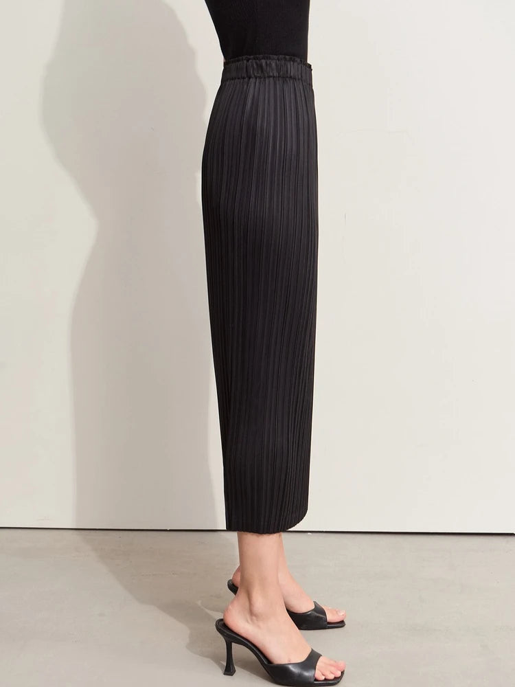 Minimalism Women's Skirt Office Lady 2025 Autumn New Solid Color Elastic Waist Straight Casual Pleated Skirt Long 12342617