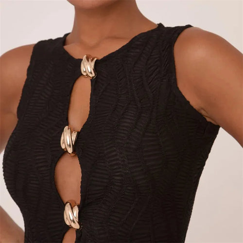 Load image into Gallery viewer, Hollow Out Sleeveless Sexy Mini Dress Women Robe Fashion Summer New Metal Ring Skinny Tank Dress Female Club Dresses
