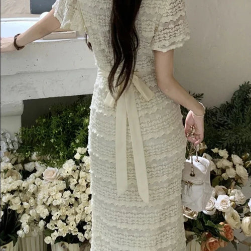 Load image into Gallery viewer, V-neck Pure Color Slim Waist Women&#39;s Dresses Lace-up Short Sleeve Elegant Female Dress French Style Vacation Sweet Dress
