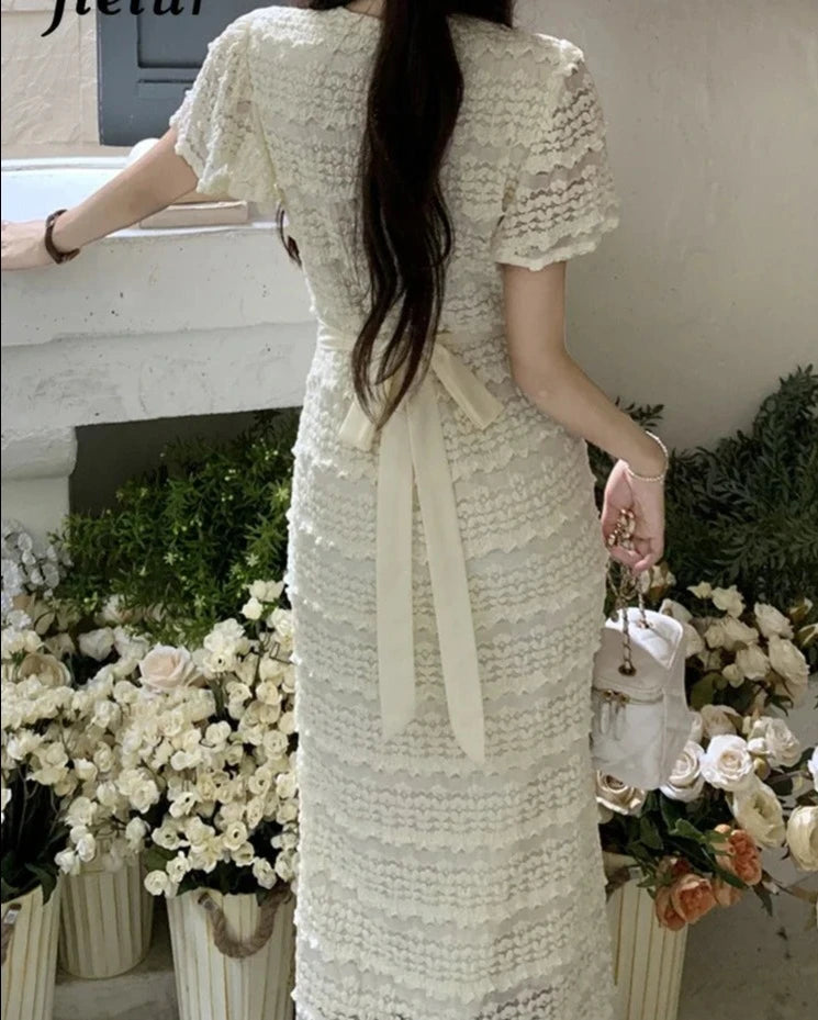 V-neck Pure Color Slim Waist Women's Dresses Lace-up Short Sleeve Elegant Female Dress French Style Vacation Sweet Dress