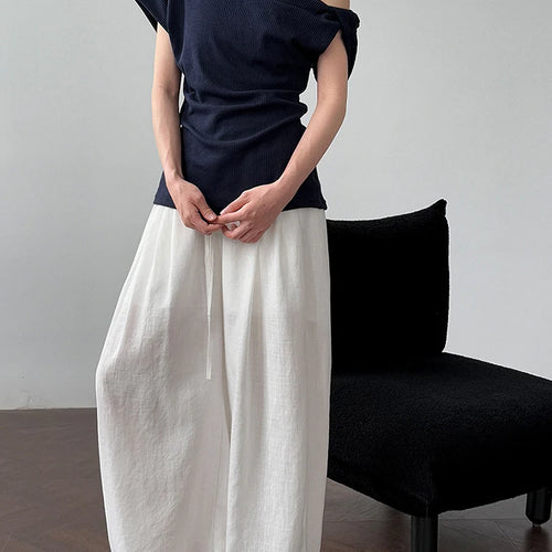 Load image into Gallery viewer, Women Navy Blue Gray Knot Irregular Elegant T-shirt New Skew Collar Sleeve Fashion Tide Spring Summer 2025 1DJ1968
