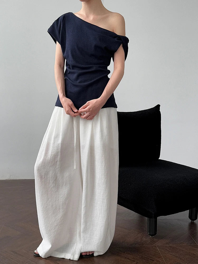 Women Navy Blue Gray Knot Irregular Elegant T-shirt New Skew Collar Sleeve Fashion Tide Spring Summer 2025 1DJ1968