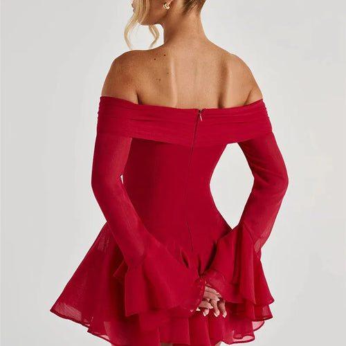 Load image into Gallery viewer, Strapless Long Flare Sleeve Sexy Mini Dress For Women Robe Off-shoulder Backless High Waist A-line Club Party Dress
