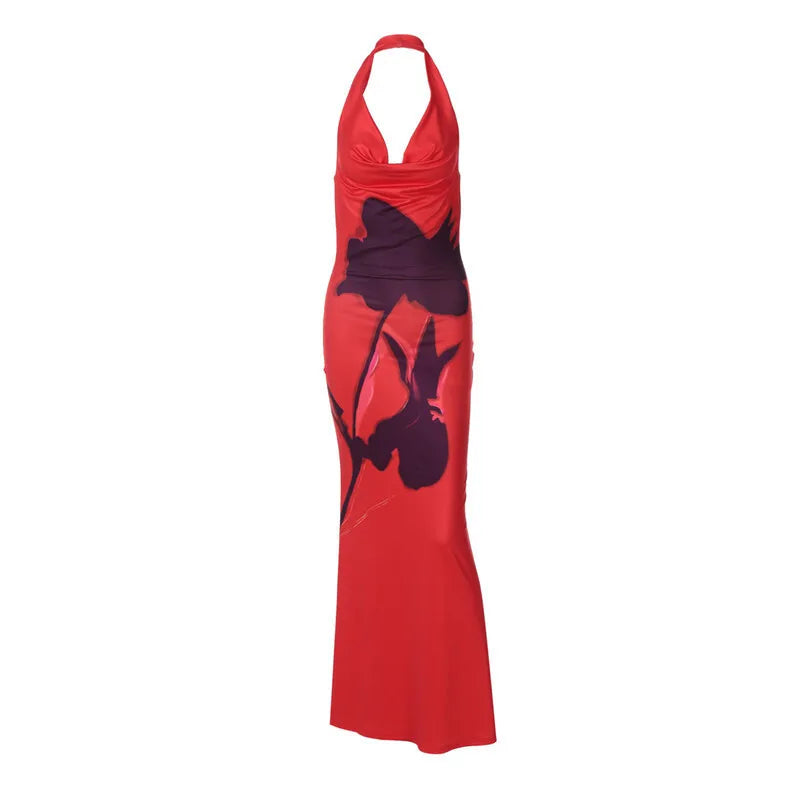 Halter Deep V Neck Printed Maxi Dress For Women Gown Red Off-shoulder Sleeveless Backless Fashion Bodycon Long Dress