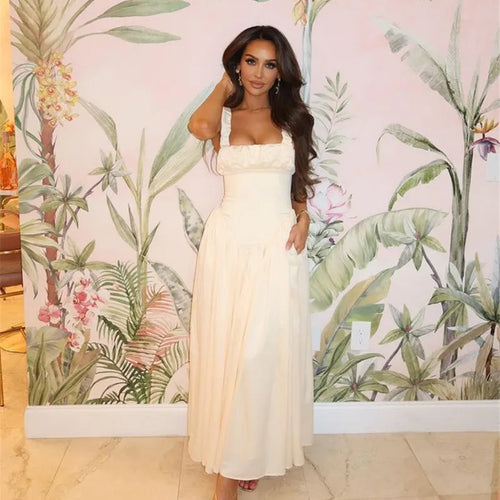 Load image into Gallery viewer, Elegant Satin Backless Midi Dress For Women High Quality Sundress Fashion Square Collar Sleeveless Loose Pleated Dress
