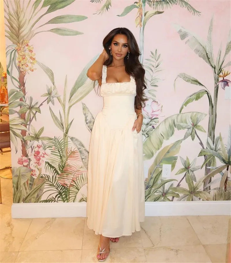 Elegant Satin Backless Midi Dress For Women High Quality Sundress Fashion Square Collar Sleeveless Loose Pleated Dress