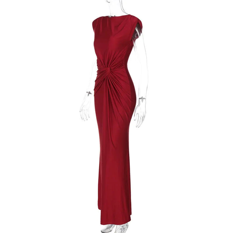 Sleeveless Ruched Sexy Maxi Dress For Women Gown Fashion Solid O Neck High Waist Bodycon Club Long Dress Vestido